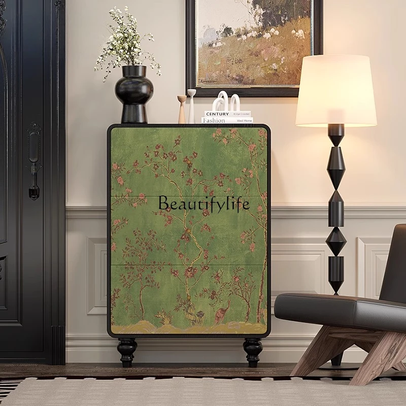 

American retro green flower and bird tipping bucket shoe cabinet home door multi-layer simple