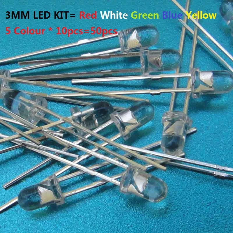 5 Colour * 10pcs=50pcs F3 Red White Green Blue Yellow Assorted Kit Set Pack Assortment DIY 3MM Transparent Cove LED