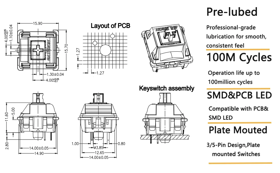 Gateron G Pro 3.0 ブラックスイッチ、メカニカルキーボード用、3 ピン 60gf リニア/潤滑済み/ピン強化スイッチ