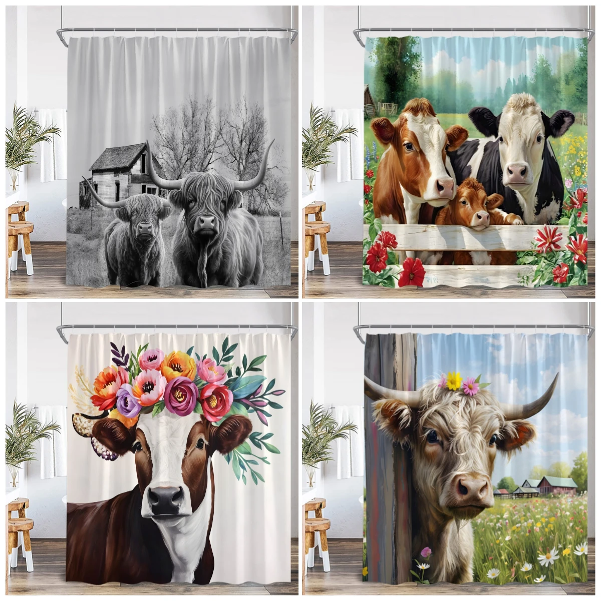 

Highland Cow Farmland Shower Curtains Countryside Scenery Funny Animals Bathroom Decorations Grassland Polyester Bath Curtain