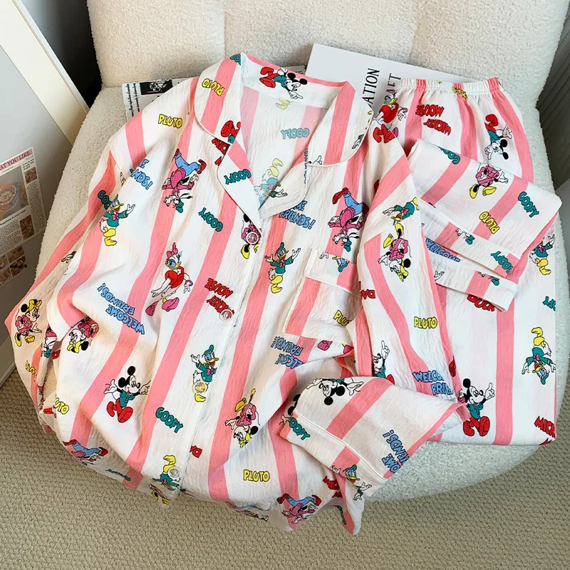 

Spring and Autumn Pajamas Female Student Long Sleeve Set Cartoon Striped Sweet Home Clothes Can Be Worn Externally Pajama Sets