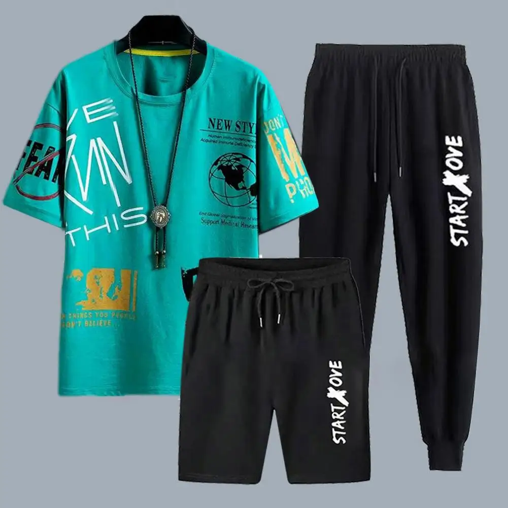 Sports Suit Men's Sportswear Set Round Neck T-shirt Elastic Waist Shorts Sweatpants Stylish Tracksuit with Unique Print Design