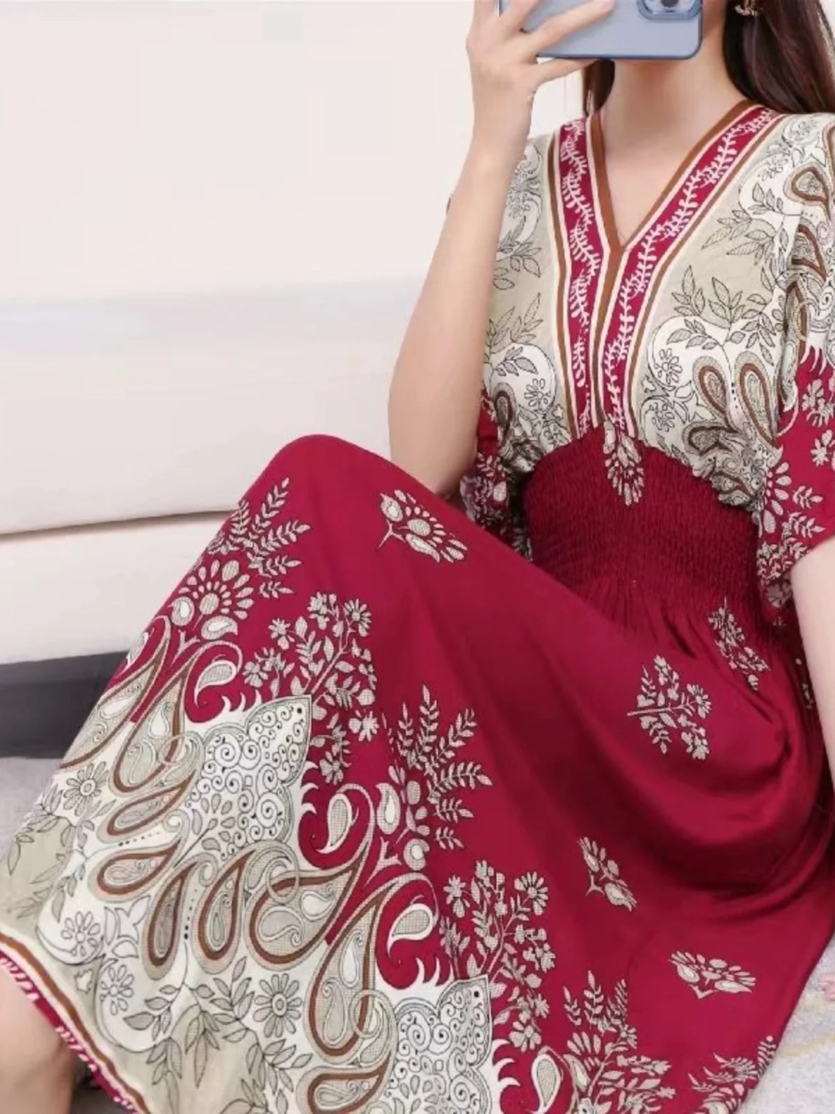 캐주얼 V넥 허리 조절 플로럴 프린트 Dr Street Sle 미드웨이스트 오르트 Sve 미디 스커트 H-ape 기타 소재 00%