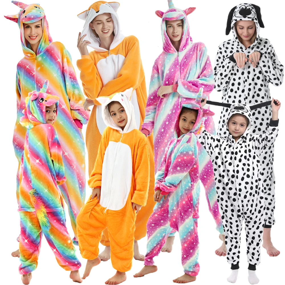 Family Matching Kigurumi Pajamas Adult Animal Cosplay Clothes Set Zipper Flannel Warm Onesies Mather Kids Cothing Winter Outfits