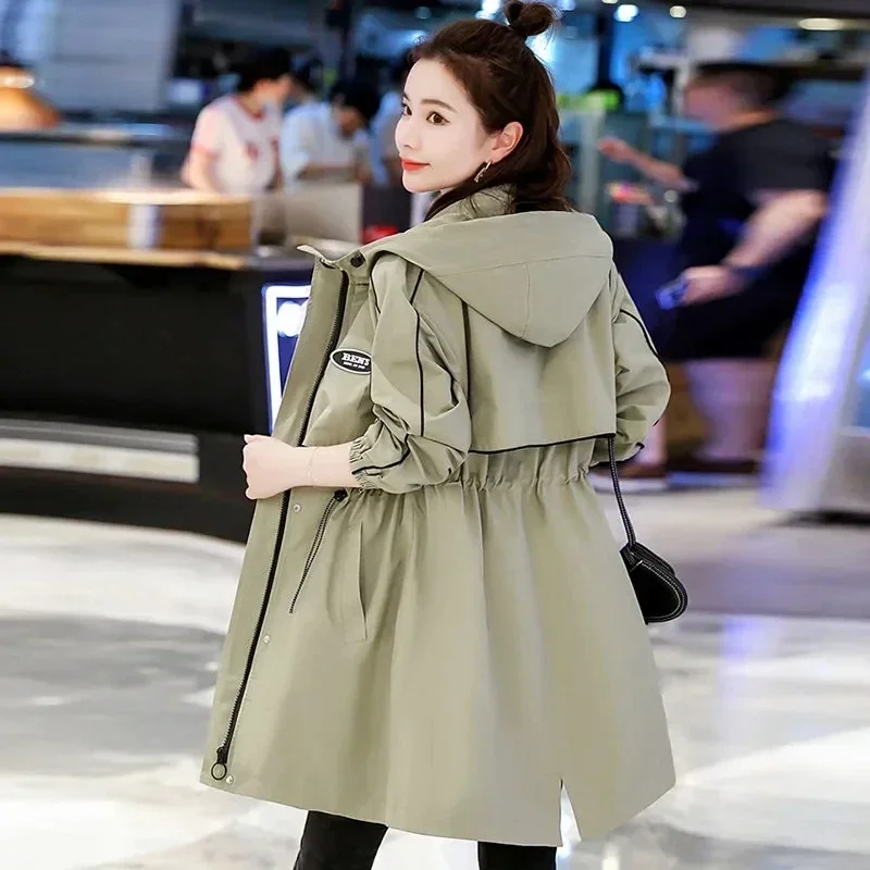 

New Coat Women's Korean Loose Slim Embroidered Letter Windbreaker Outwear All-match Casual Female Long Hooded R225