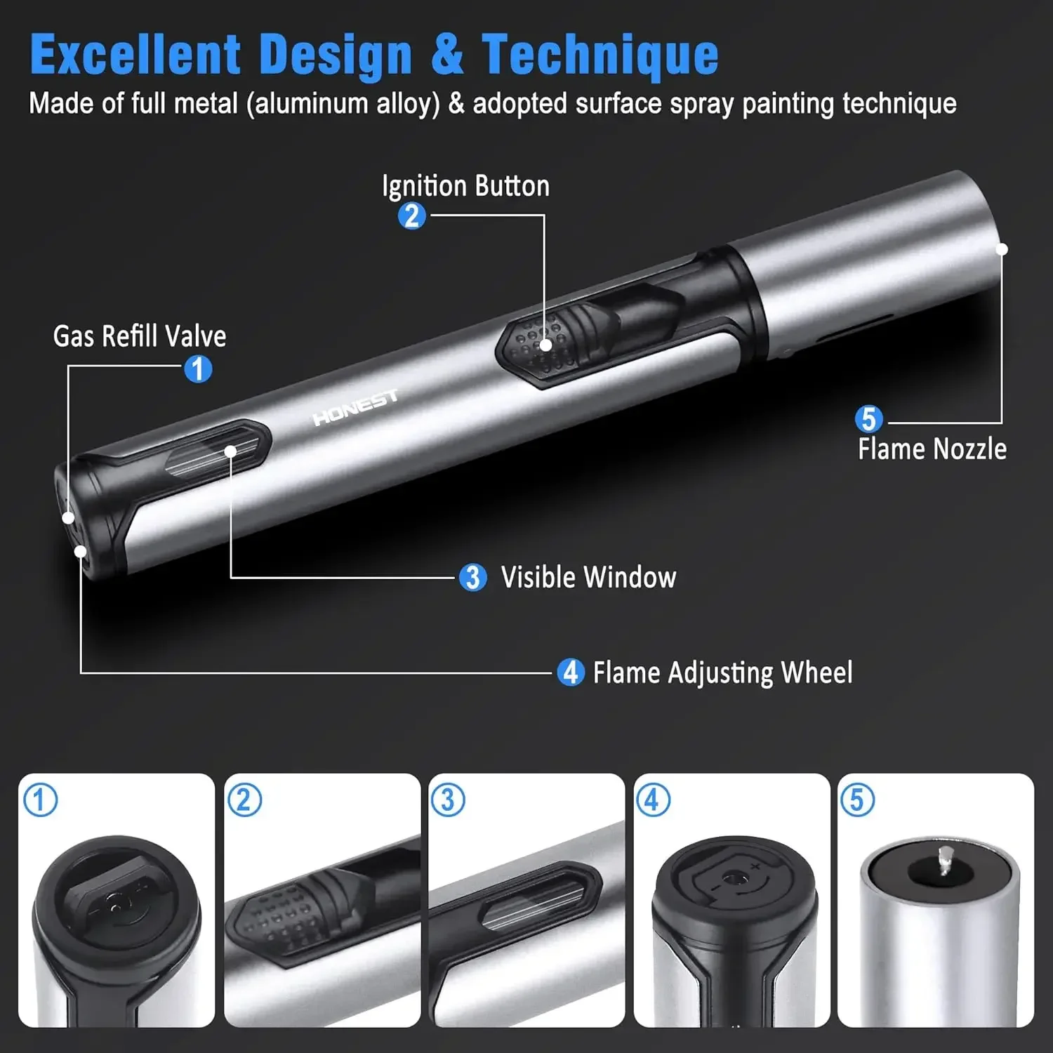 HOT HONEST Metal Torch Windproof Lighter Refillable Pen Lighter Jet Flame Butane Lighter Kitchen BBQ Candle Camping Men's Gadget - Image 2