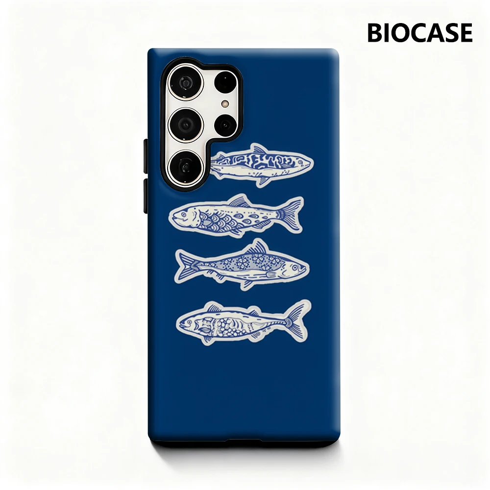 Blue Fish Handyhülle für Samsung Galaxy S25 Ultra S24 S23 Ultra Plus, glänzende doppellagige Rückseite
