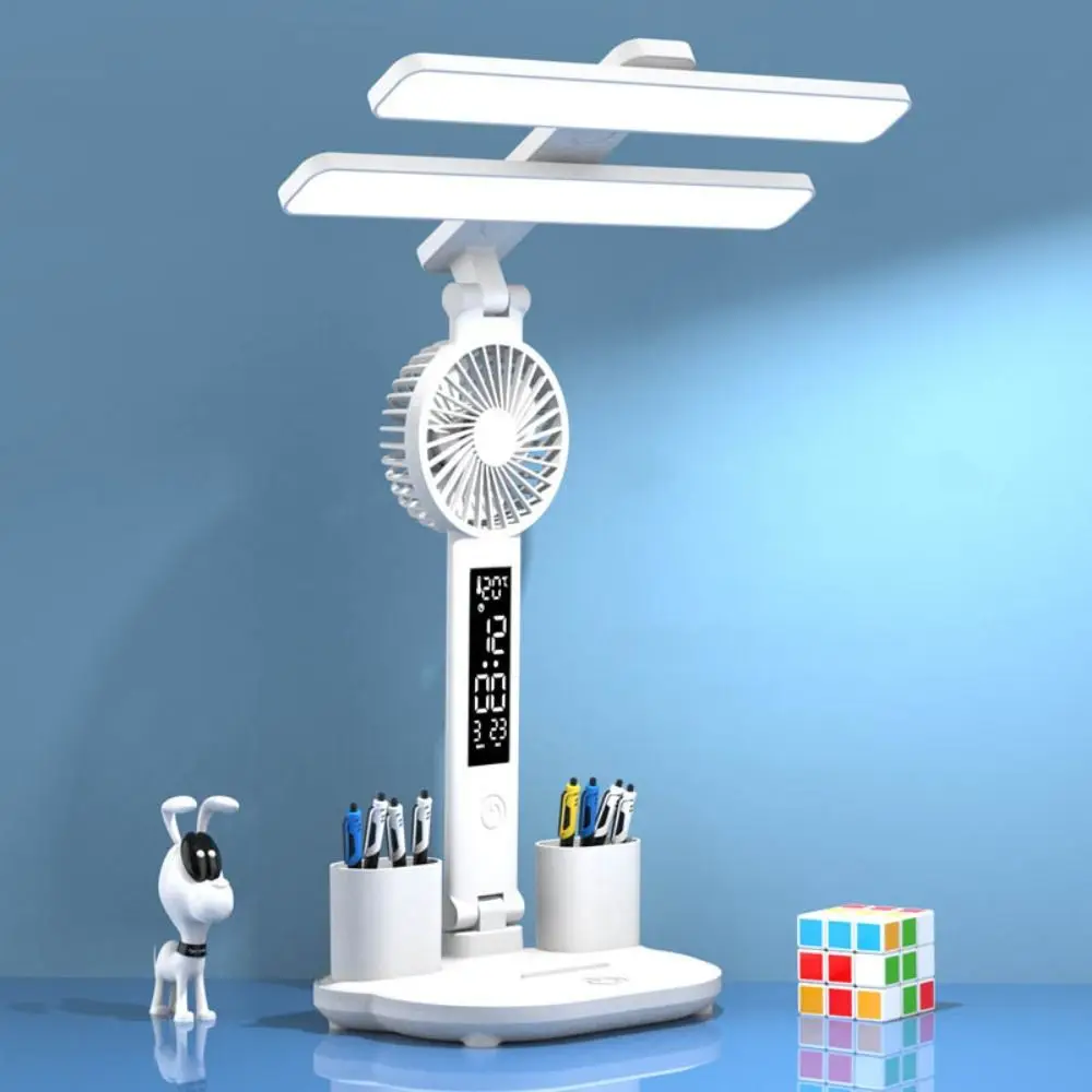 Double Head LED Fan Table Light USB Charging Folding Reading Light with Pen Holder Eye Protection Desk Lamp Dormitory