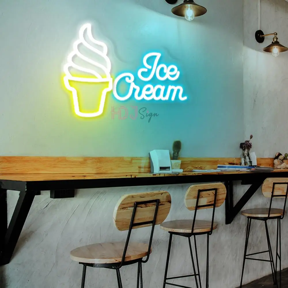 Ice Cream นีออน LED ไฟป้าย Cafe ร้านอาหารเครื่องตกแต่งฝาผนัง LED ไฟปากการูปหัวใจขนมขบเคี้ยวขนมหวาน Neon Night ไฟ USB