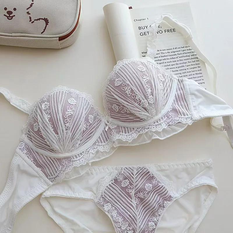 

Милое кружевное нижнее белье пуш-ап с небольшой грудью, антипровисающий комплект с бюстгальтером без стального кольца