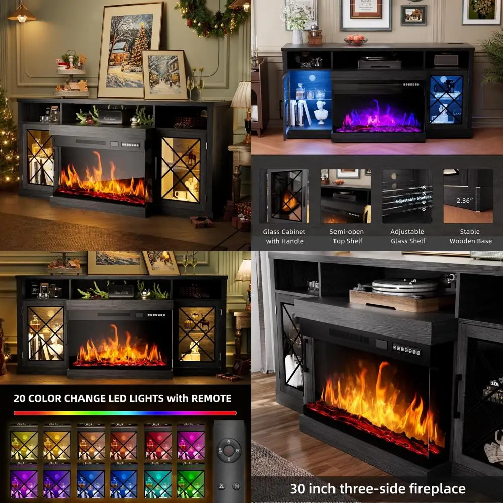 مركز ترفيه مدفأة زجاجية ثلاثية الجوانب مع مساحة تخزين وباب زجاجي لأجهزة التلفاز حتى 75 بوصة #1