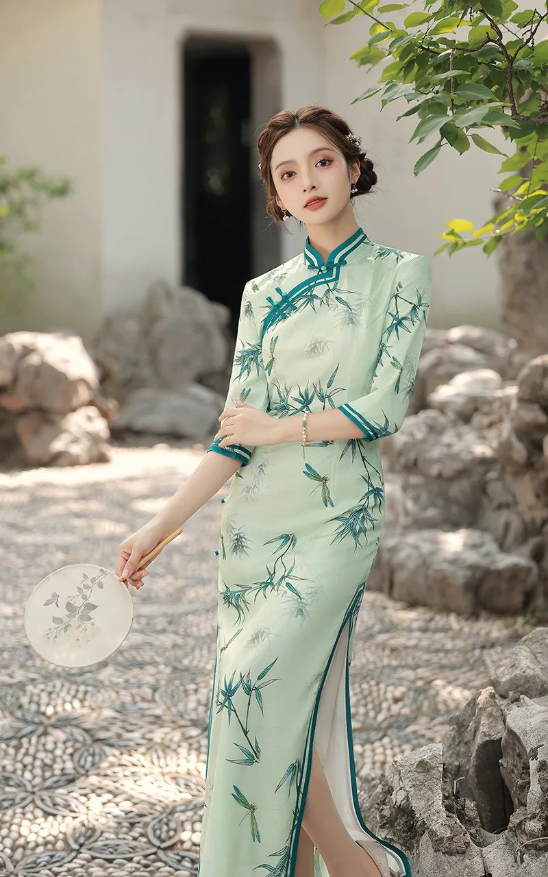 Yourqipao الصيف النمط الصيني مساء اللباس الرجعية تشيباو المرقعة شيونغسام الشباب فتاة فيستدوس فساتين طويلة Hanfu للنساء