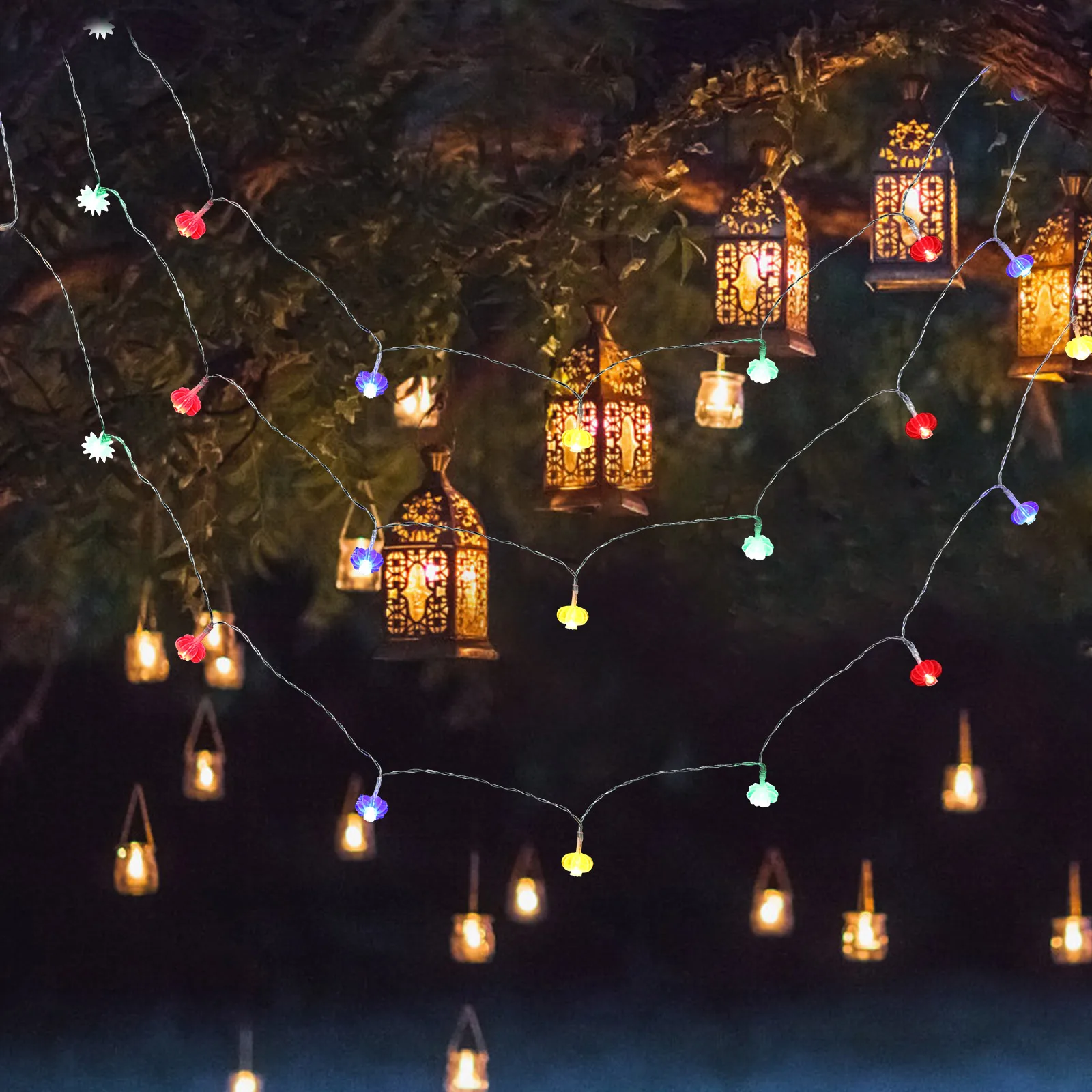 

2pcs LED Lights Colorful Lanterns 3M Powered Spring Festival Decor Flower String Lights Bedroom Patio Outdoor