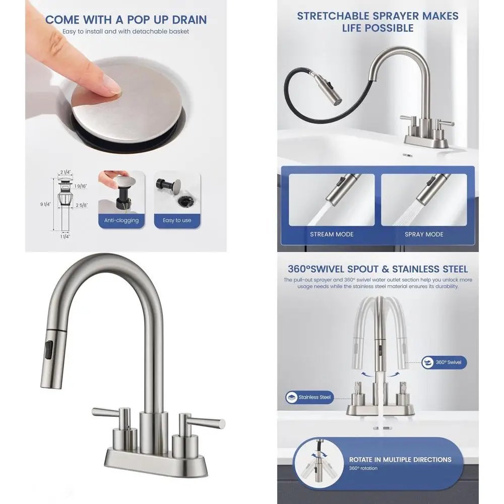

3-Hole Brushed Nickel 4 Sink Faucet with Pull-Out Spray and 360° Swivel, Includes Pop-Up Drain