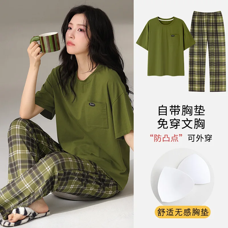 

Summer womens pajamas with Bra Pad Short-sleeved trousers Modal Cool Sleepwear large size home service Female pijamas suit