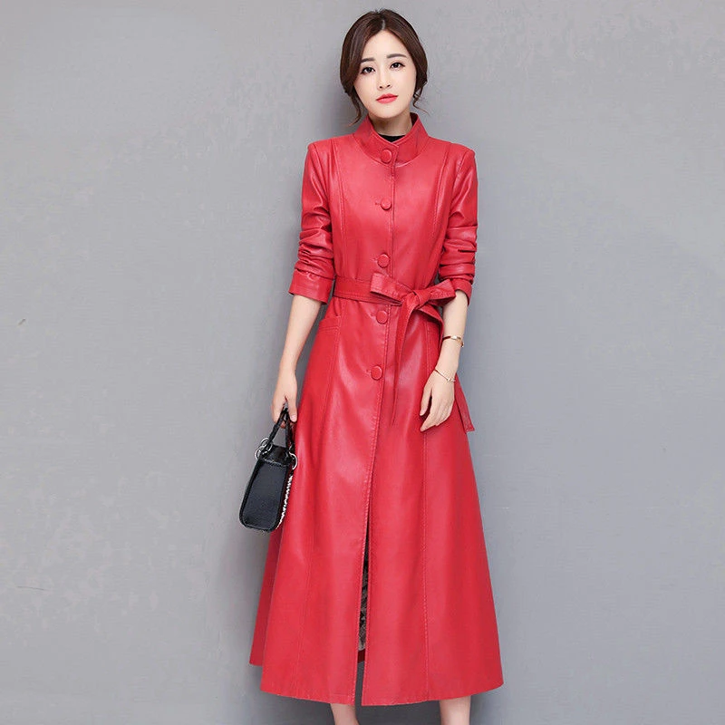 Women Mid Length Leather Jacket Slim Coat Windbreaker Belt Spring Autumn Jacket Korean Chic Faux Leather Coat Black Red Jacket