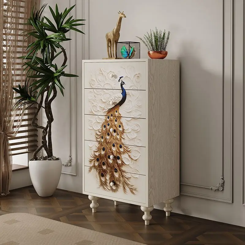 Bedroom solid wood storage cabinet art, hand-painted furniture peacock