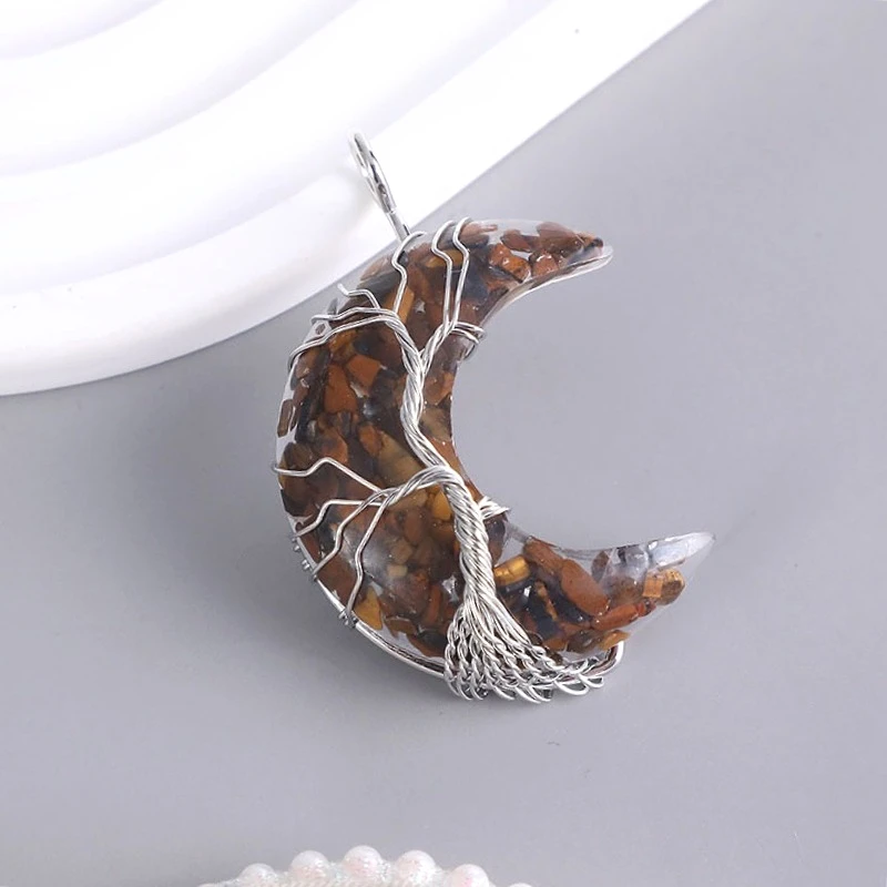 30x45 مللي متر الحجر الطبيعي الراتنج أقمار كريستال المعلقات 7 الشاكرات شجرة الحياة سلك التفاف الهلال الكوارتز الفولاذ المقاوم للصدأ عقد دي اي واي