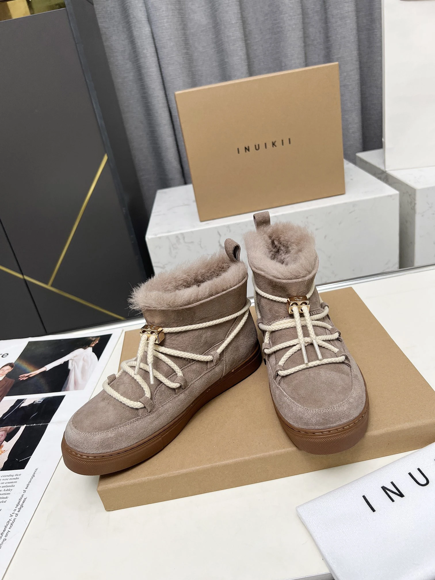 INUIKII Winter Snow Boots Woman Cow Suede Thick Sole Ankle Boots Wool Warm Flat Platform Shoes Woman Round Toe Short Boots Women