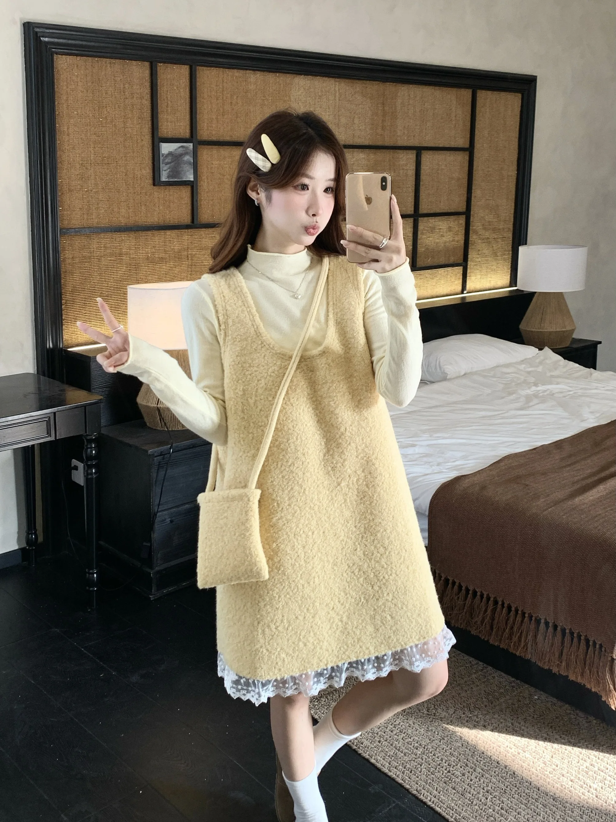 Suéter de punto para mujer Dr con empalme de encaje, corte holgado, ropa informal de otoño, conjunto de falda acampanada de longitud media