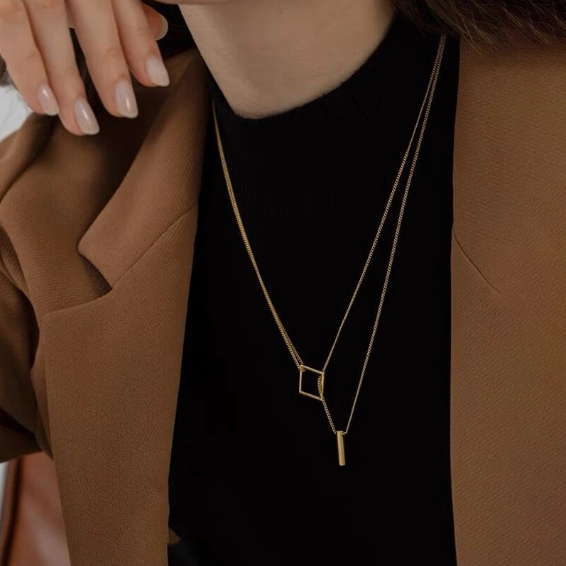 Real 925 Sterling Silver Square Adjustable Sweater Chain Necklace for Women Trendy Fine Jewelry Minimalist Geometric Accessories