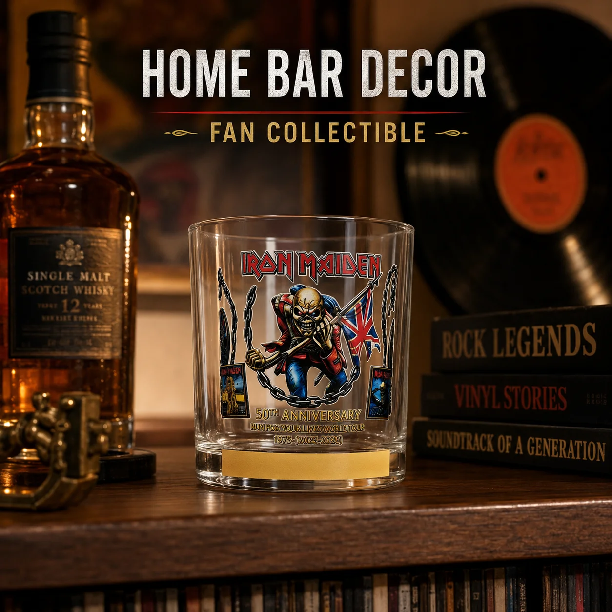 Vaso de Whisky del 50 Aniversario de Iron Maiden, Gira Mundial Run For Your Lives, Vaso de Cristal Grabado con Figura de Eddie