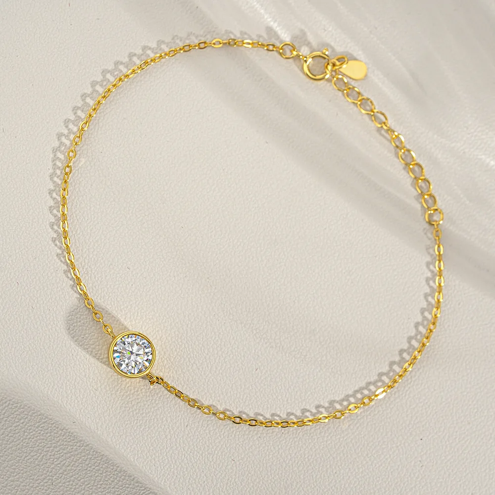 Lumira 18K Gold 1CT Bezel Set Solitaire Bubble Moissanite Cable Chain Bracelet Dainty Adjustable Ladies Wrist Fine Jewelry