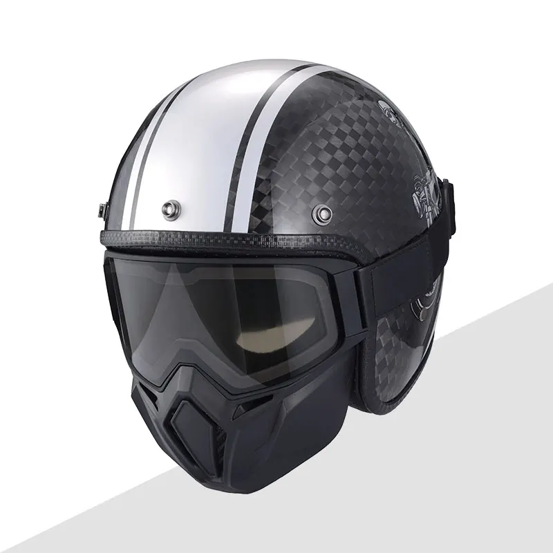 Vintage Women and Men Low Profit Carbon Fiber Jet Motorcycle Open Face Helmet With Goggle Mask Double Len Antifog Approved