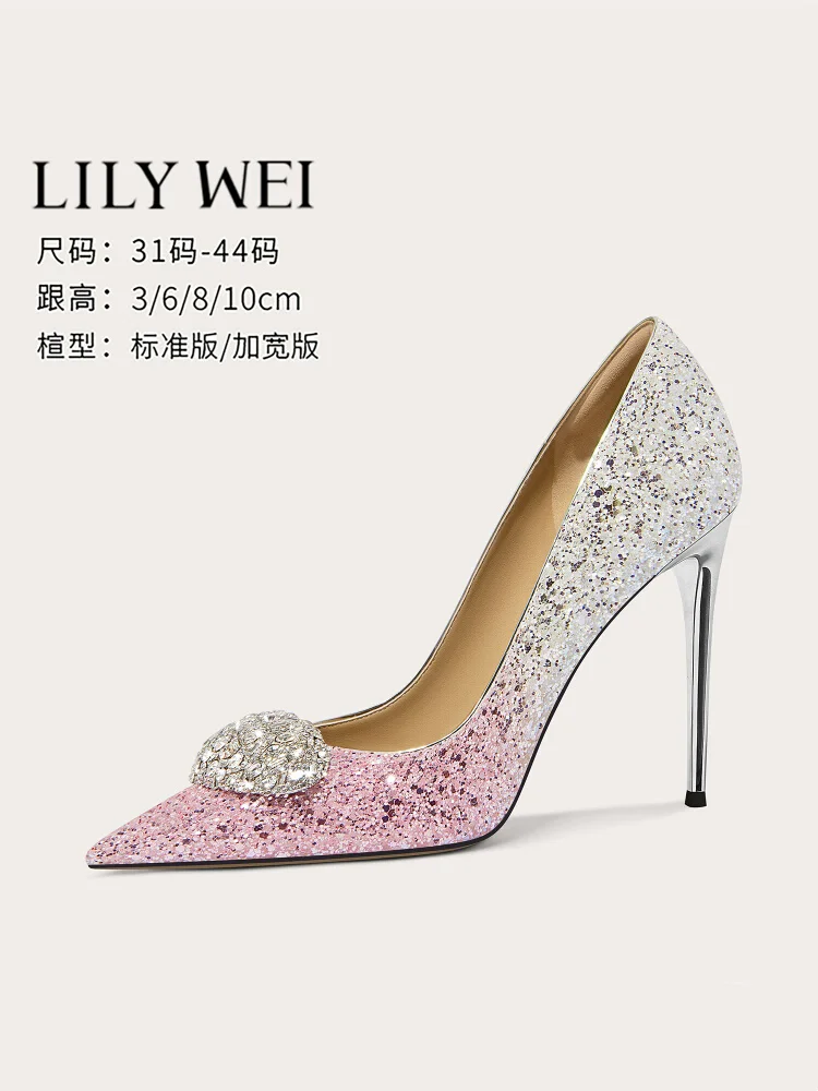 

Spring new pink gradient sequins rhinestone low-heeled shoes thin high-heeled banquet dress large size small size women's shoes