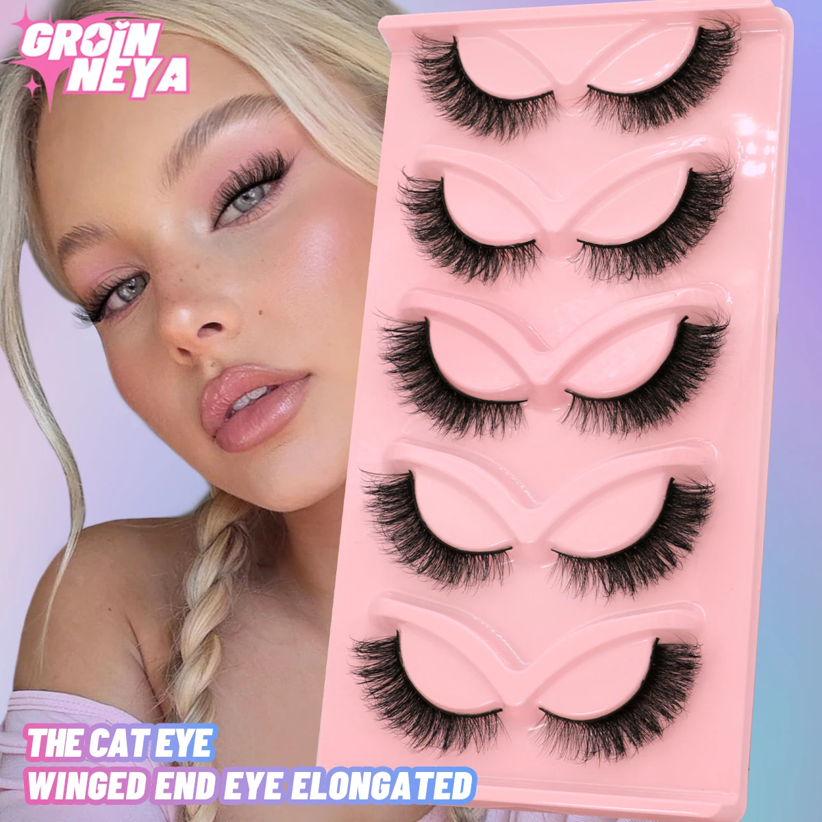 GROINNEYA 고양이 눈 속눈썹 3d 가짜 밍크 속눈썹 날개 달린 끝 눈 길쭉한 속눈썹 부드러운 자연 긴 가짜 속눈썹 속눈썹 확장