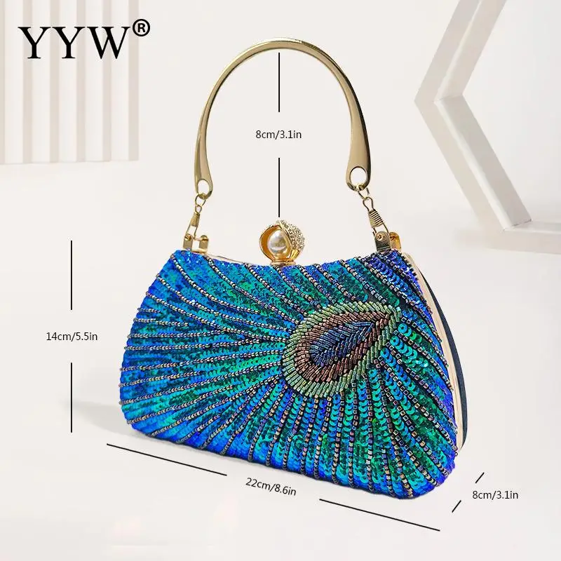 Elegant Sequins Beads Peacock Pearl Clutch Evening Handbag Shiny Bling Women Party Embroidery Messenger Purse Metal Chain Bag