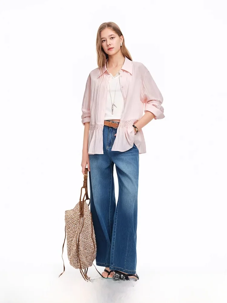 

Loose Women's Shirt Textured Hem Pleated Design Summer New Style Casual Slimming Pink Small Shirt by Duxu Long Sleeve Button up