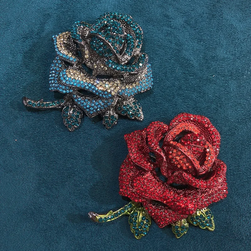 Vintage Heavy Craft Large Rhinestone Rose Brooch Pin Shiny Crystal Flower Corsage For Suit Coat Dress Wedding Party Jewelry Gift