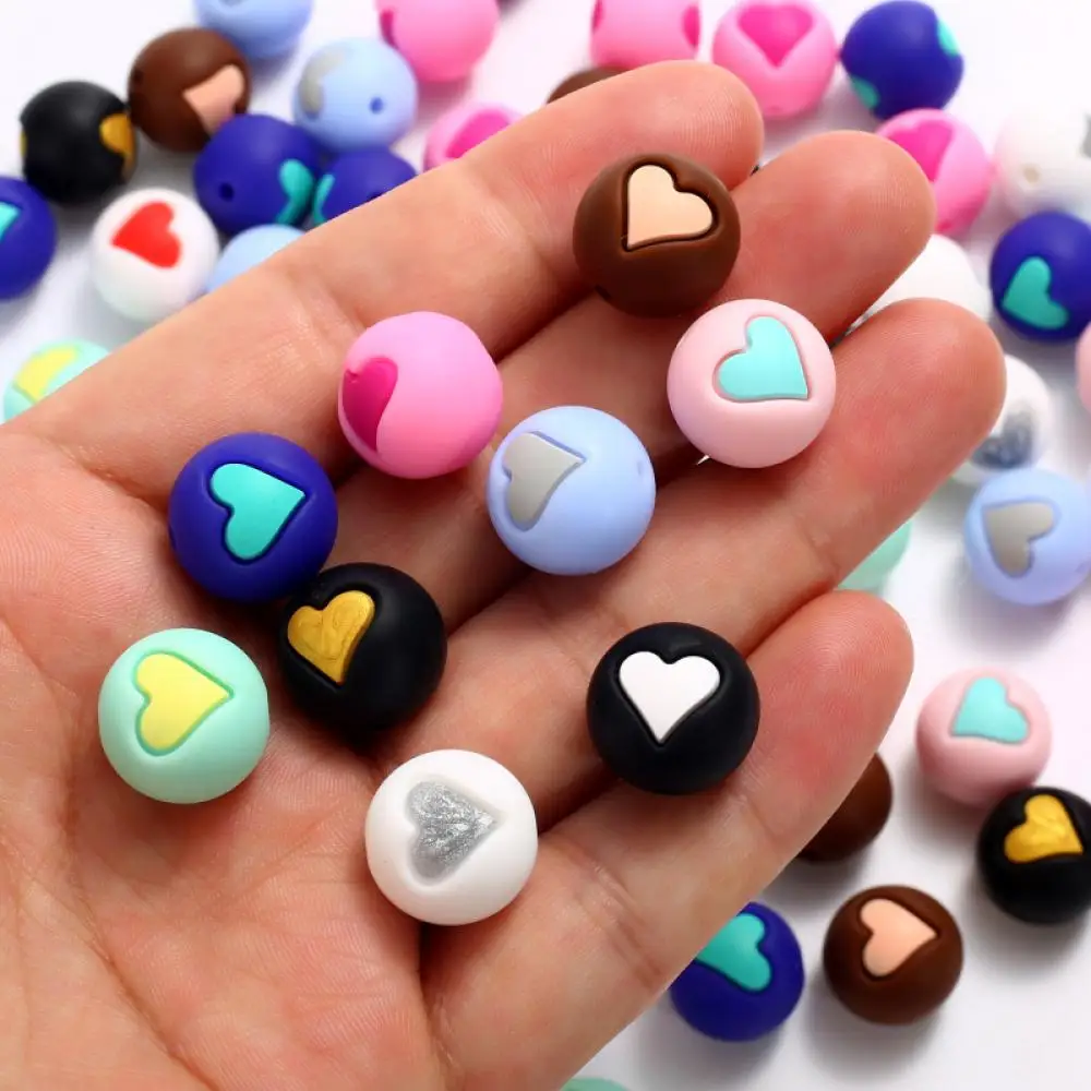 10Pcs Colorful Round Heart Silicone Beads 10mm Teether Chewing Beads For Bracelet Pacifier Chain Accessory DIY Jewelry Making