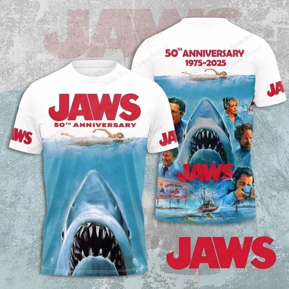 Jaws 50. Jubiläum Film-Grafik T-Shirt, Klassischer Hai-Horrorfilm 3D-Druck Rundhals Kurzarm Herren Casual Streetwear T-Shirt – Detail 8