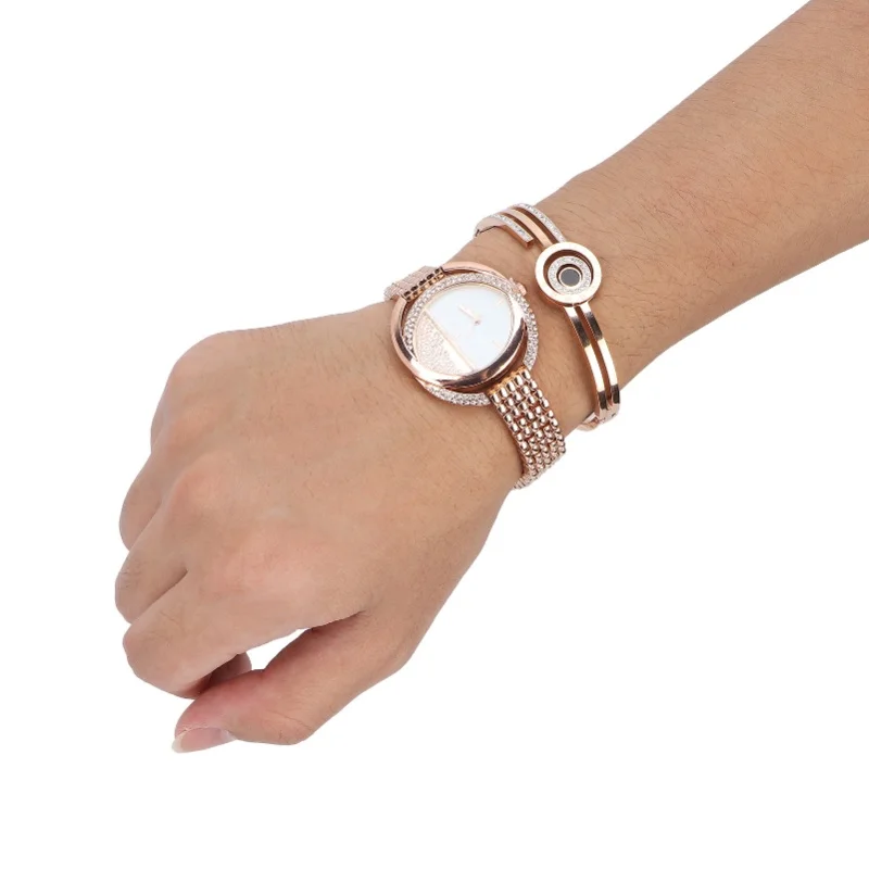 Business Style Women Watch Bracelet Necklace Set Anniversary Birthday Gift Jewelry Set Rose Gold