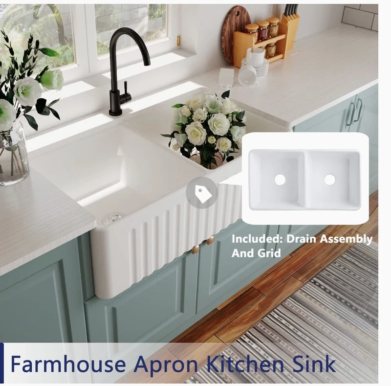 Kitchen, ceramic, large, front semi-recessed, balcony, undercounter basin, dishwasher, refractory clay double sink