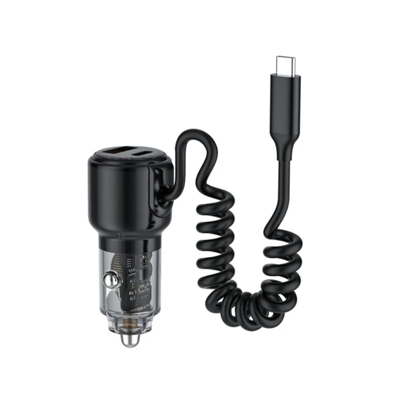 Type-C Car with 45W Type-C Coiled Cable 12-24V Car SUV Adapter