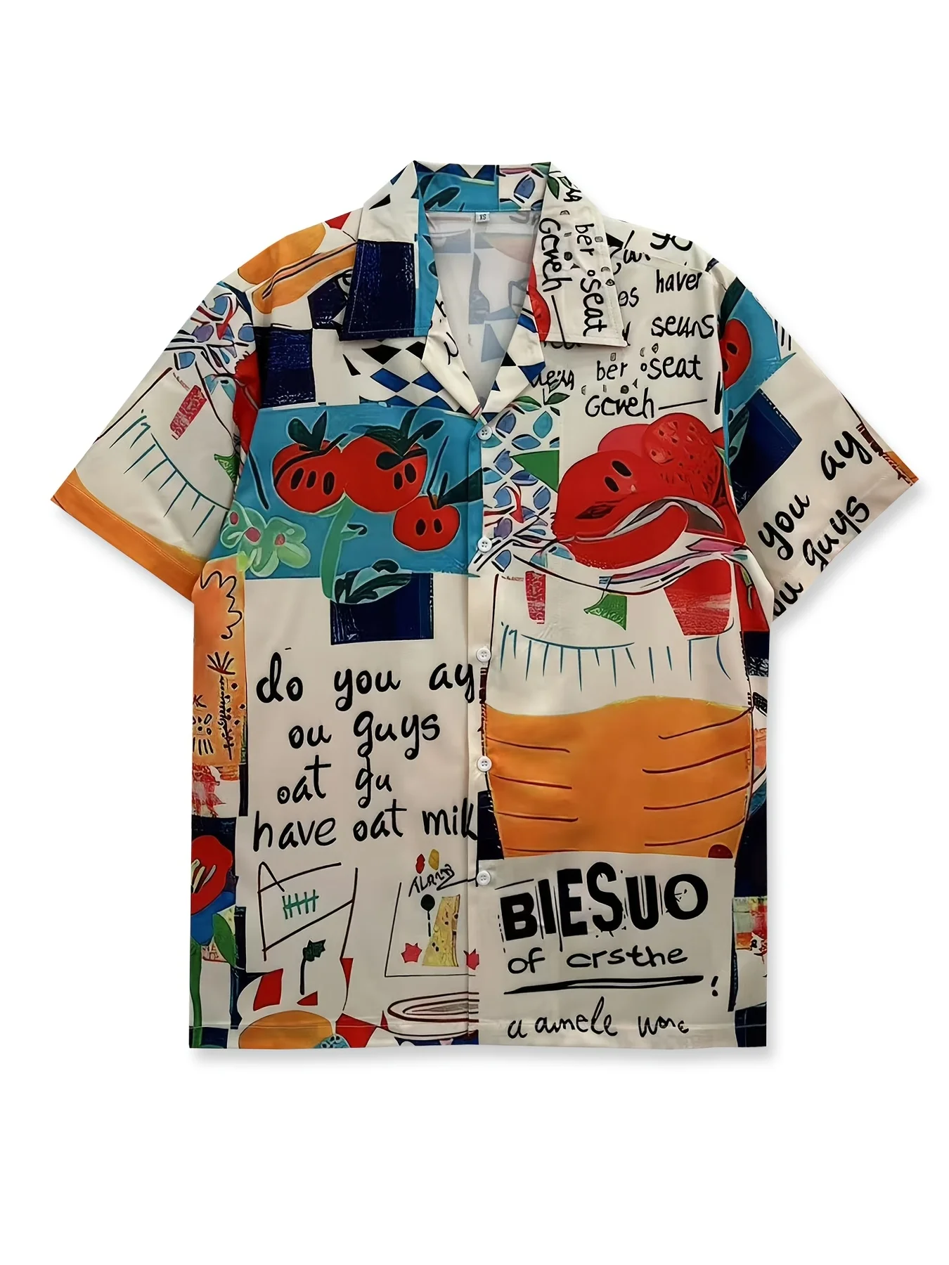 Men Color Block Graffiti Fruit Letter Street Art Print Hawaiian Short Sleeve Shirt
