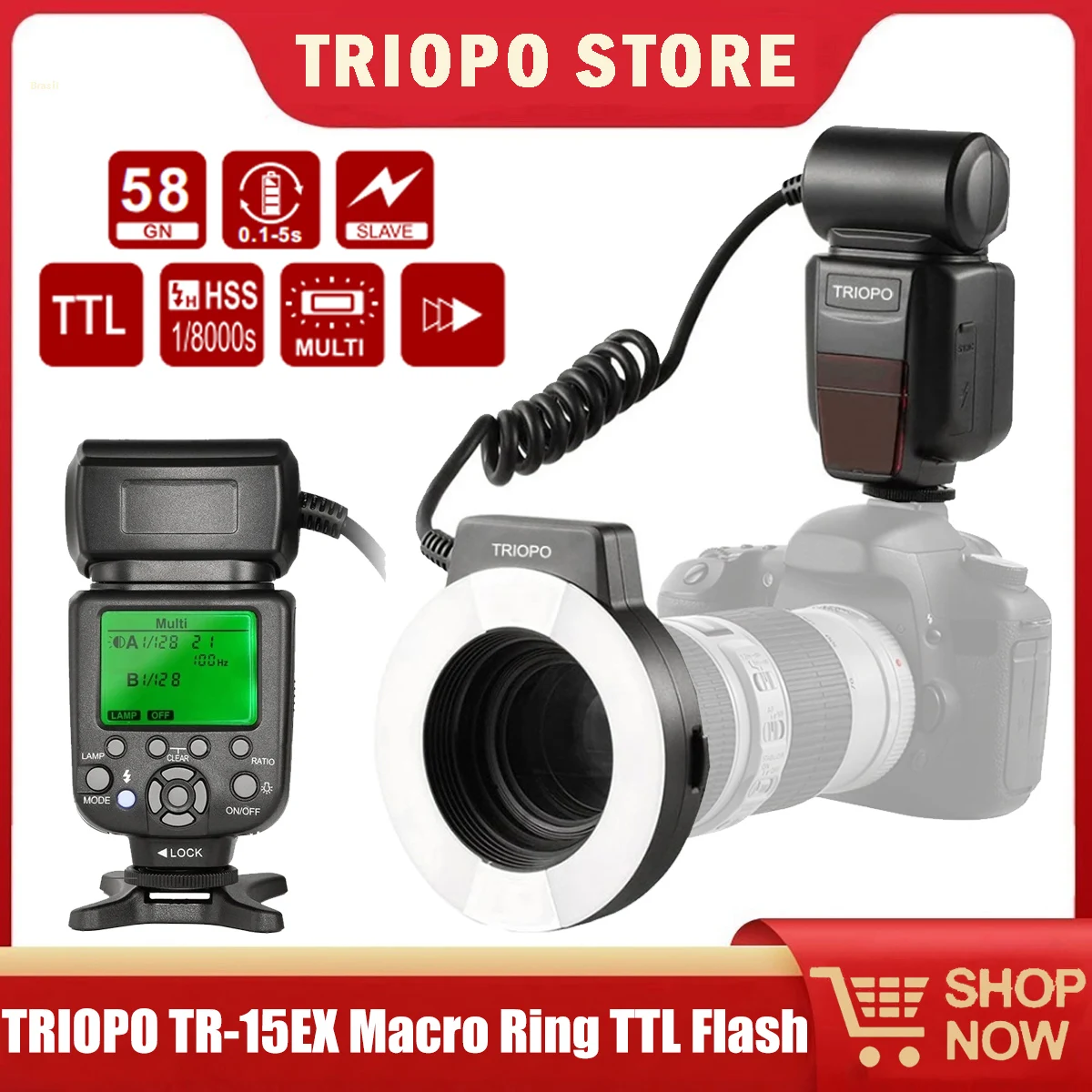 

TRIOPO TR-15EX TTL HSS Macro LED Ring Flash Speedlite with 6 Different Size Adapter Rings for Canon E-TTL Nikon i-TTL Camera