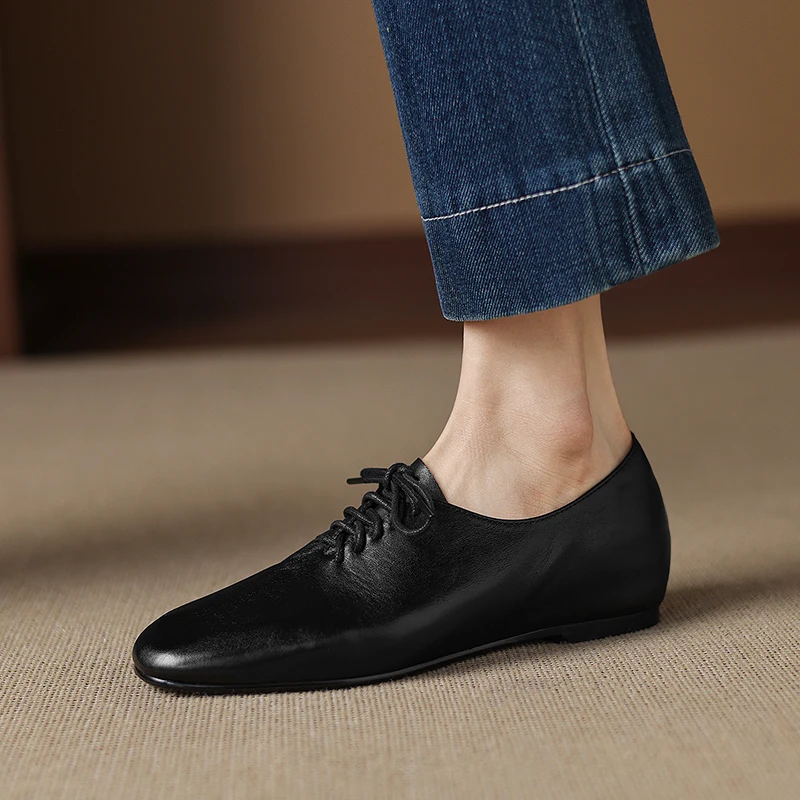 Oxford Lace Up Women - 여성용 소가죽 라운드 토 레이스업 플랫
