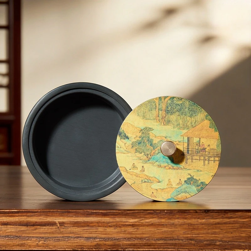 Brass Calligraphy Ink Slab with Lid, Moisture-preserving Ink Box for She Inkstone, Keeps Ink from Drying Out