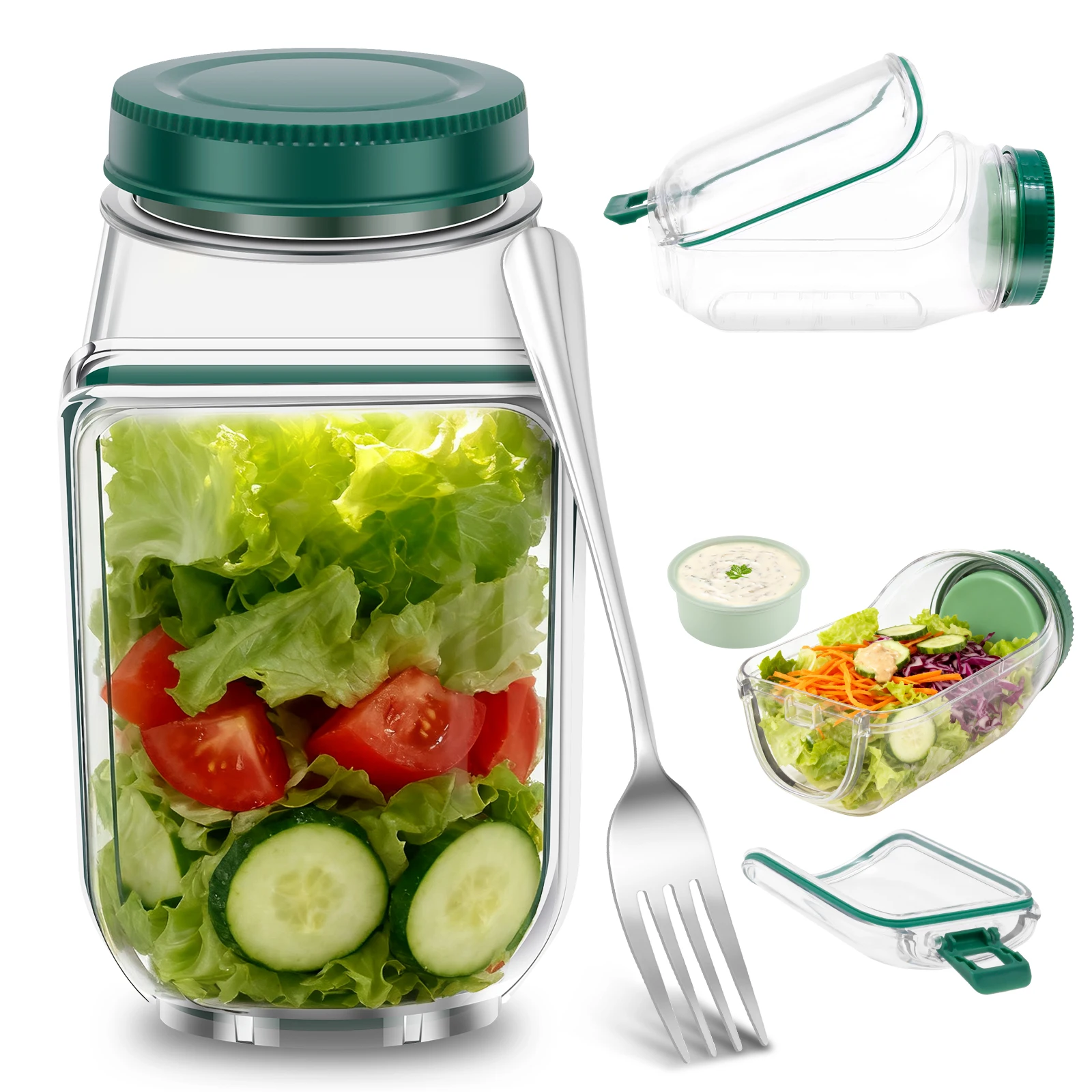 Salatbehälter mit Seitenöffnung, Auslaufsicherer Plastik-Salatbehälter für Küche, Picknick und Lunchbox