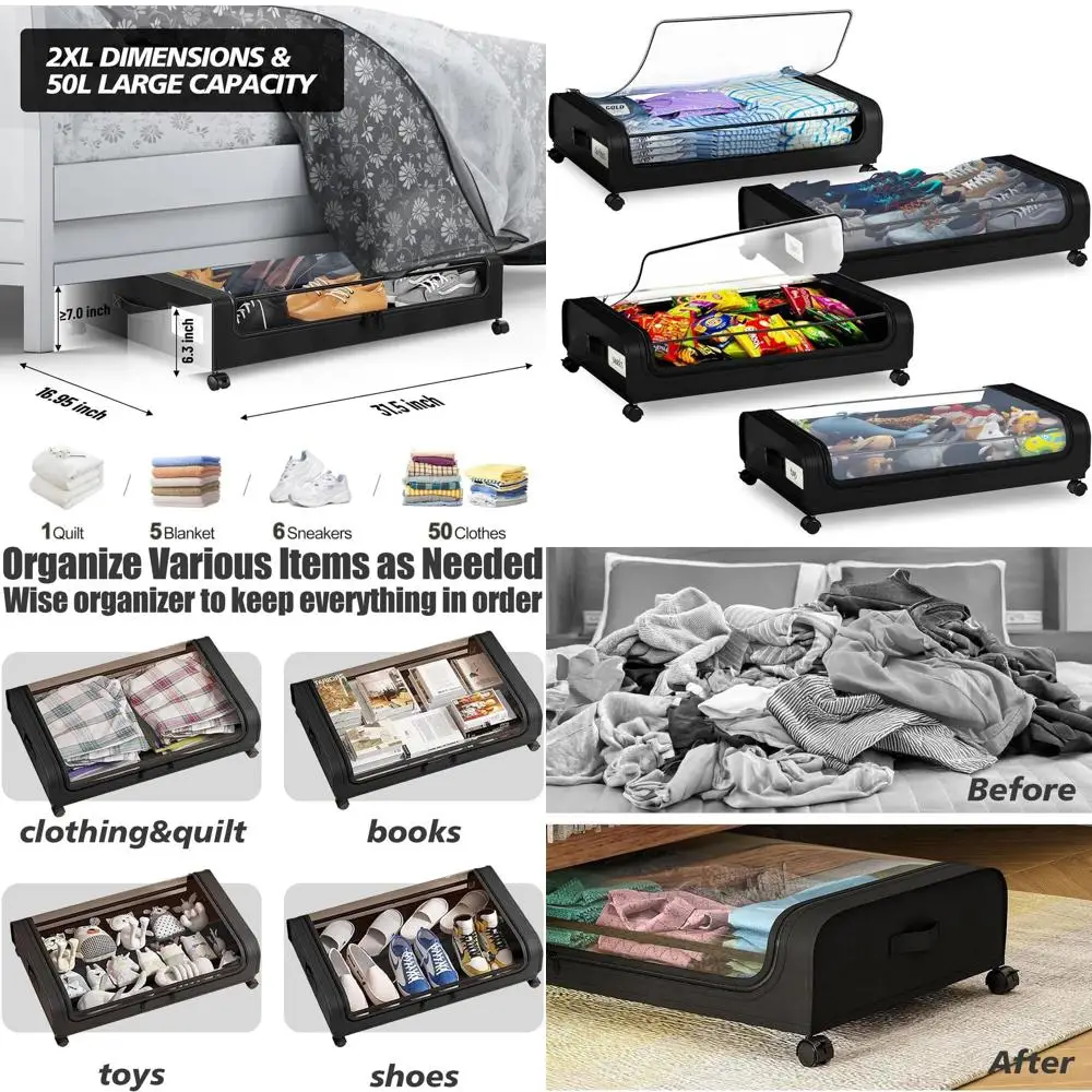 

4-Piece Wheeled Underbed Storage Set with Lids: Large Rolling Bins for Clothes, Shoes, and Blankets - Space-Saving Organizers