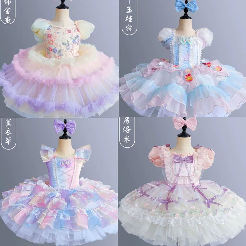 

Kids Layered Tulle Ballerina Dress for Little Girls Floral Appliques Bubble Sleeve Outfits for Stage Birthday Teenage Clothes