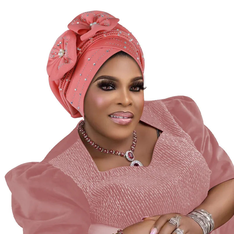 Fashion African Headtie Autogele Party Evening Headgear Women Head Wrap Muslim Female Turban Cap with Diamonds African Hats