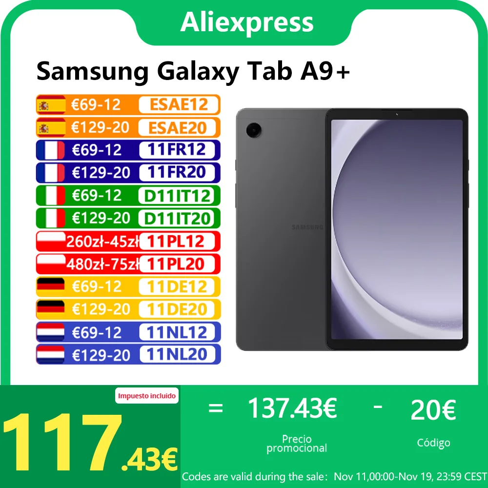 Tablette Samsung Galaxy Tab A9 + WIFI, 4 go 64 go 2.2GHz, octa-core, 11 pouces, cran LCD TFT 90 Hz, camra arrire 8MP, batterie 7040 mAh