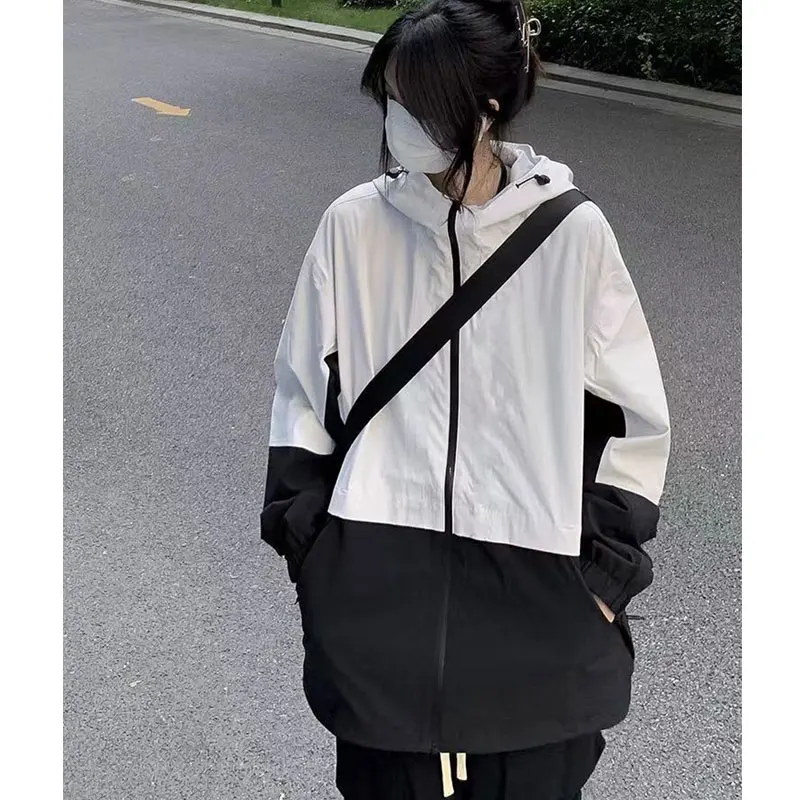 

HOUZHOU Vintage Windbreaker Jacket Women Oversize Korean Fashion Zipper Hooded Streetwear Jackets Anorak Harajuku Style Casual