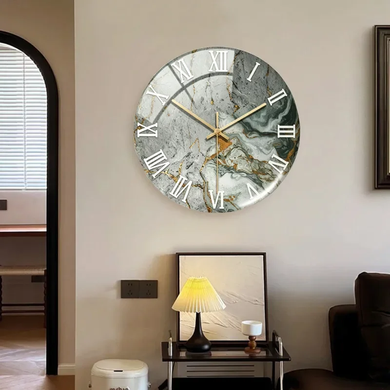 for Creative Tempered Glass Round Marble Clock Light Luxury Fashion Home Wall Clock Decoration Watch Style Modern Design