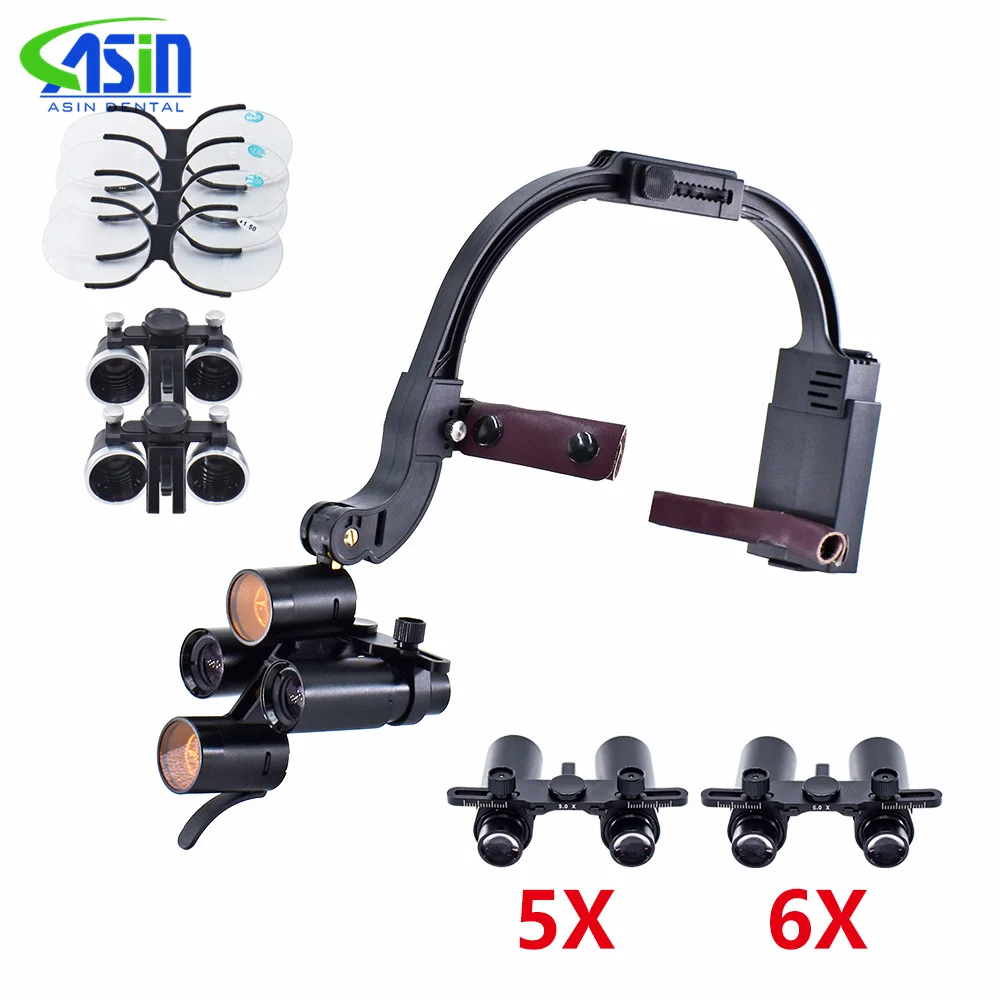 Full set  5X/6X Den  tal LED Headlight Binocular/Kepler Loupes Headband Adjustable 5W Dentist Surgical Headlamp Den  tal Magnifi